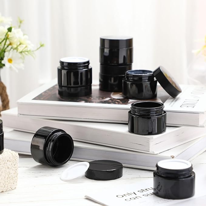 Domensi 60 Pcs 1oz Glass Jars with Lids Bulk Small Glass Salve Tins Cream Container Cosmetic Jars for Travel Balm with Inner Liners for Sample Cream (Black,Black Lid,Plastic Lid)