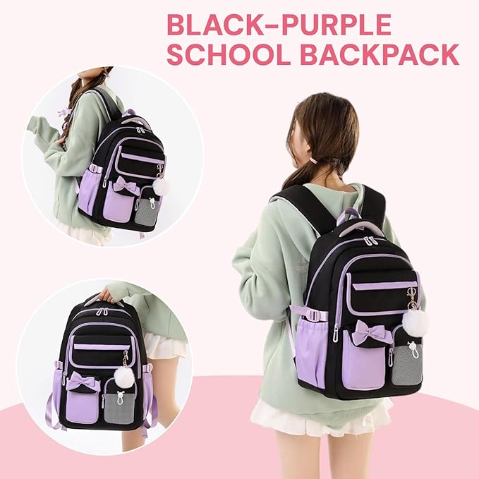 Girls Backpack School Bags Kids Elementary School Backpack for Girls Teens Cute Childrens Bookbags Casual Back Packs, Black Purple