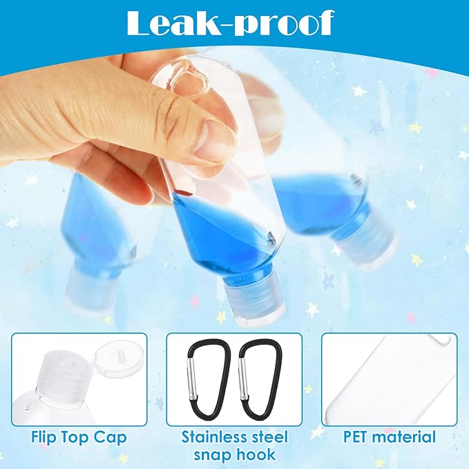 100 Pack 50ml Empty Travel Squeeze Bottles with Keychain Clips, Leak Proof Refillable PETG Bottles for Hand Sanitizer, Lotion, Toiletries, School, Office, Events and Party Favors