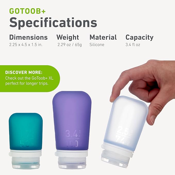 humangear GoToob+ Bottles - Silicone Leak-Proof Travel Tubes for Toiletries, Camping & TSA Carry-On (3-Pack), Large (3.4 fl oz; 100ml), Rose/Lilac/Magenta
