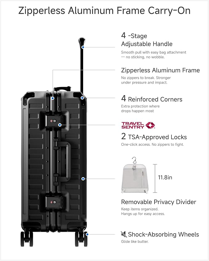 LUGGEX Carry On Luggage with Spinner Wheels, 8010S Aluminum Frame Zipperless Polycarbonate Hard Shell Suitcase (ZX-Core, Black, 21 Inch)
