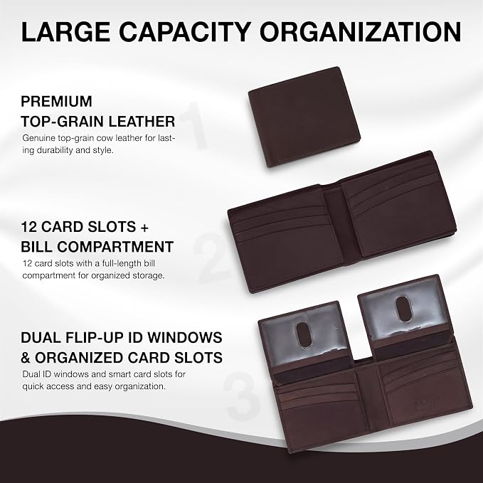 ROGUE WALLET Mens Leather RFID Blocking Wallet for Men - Genuine Top Grain Cow Leather Bifold, 12 Credit Card Slots, 2 ID Windows, Traditional Hip Pocket Billfold - Secure RFID Protection (Brown)