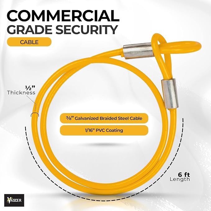 Vascer Commercial Heavy Duty Braided Galvanized Steel Theft Deterrent Security Cable with Looped Ends. (1/2 Inch Thick, 7x19 Construction, 6 Feet)