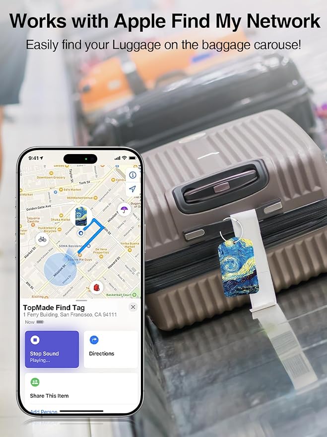 TopMade Smart Luggage Tag with Find My, Premium Leather Luggage Tags for Suitcase, Travel Bags, Backpacks, Anti-Lost Suitcase Tag Tracker for Travel with Privacy Name Card, Rechargeable
