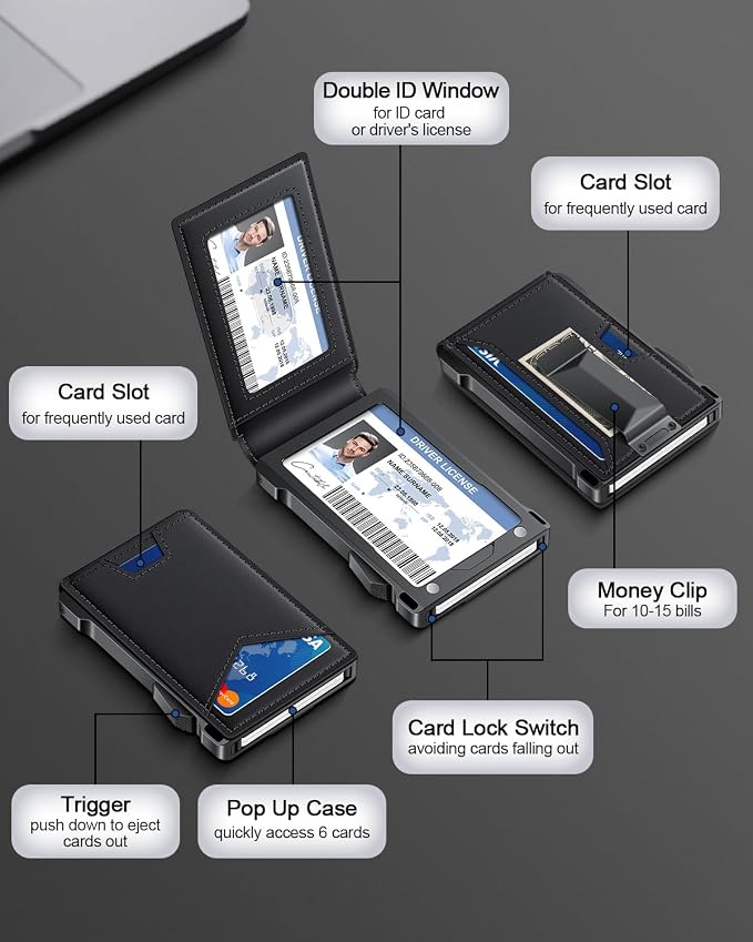 Wallet for Men RFID Wallet with 2 ID Windows & Money Clip, Slim Pop Up Card Holder for 10-12 Cards, Bifold Minimalist Smart Wallet for Front Pocket, Compact Metal Credit Card Holder, Gifts for Men