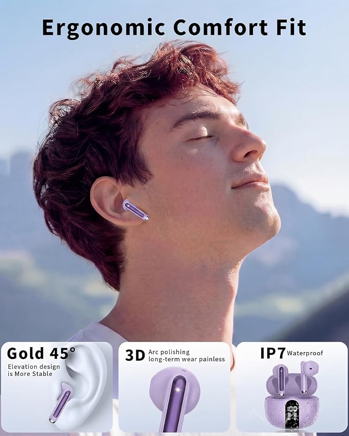 Wireless Earbuds, 2026 Bluetooth 5.4 Headphones Bass Stereo Ear Buds with Noise Cancelling Mic, LED Display in Ear Earphones 50H Playtime Ear Buds, IP7 Waterproof for Laptop Pad Phones Pure Purple