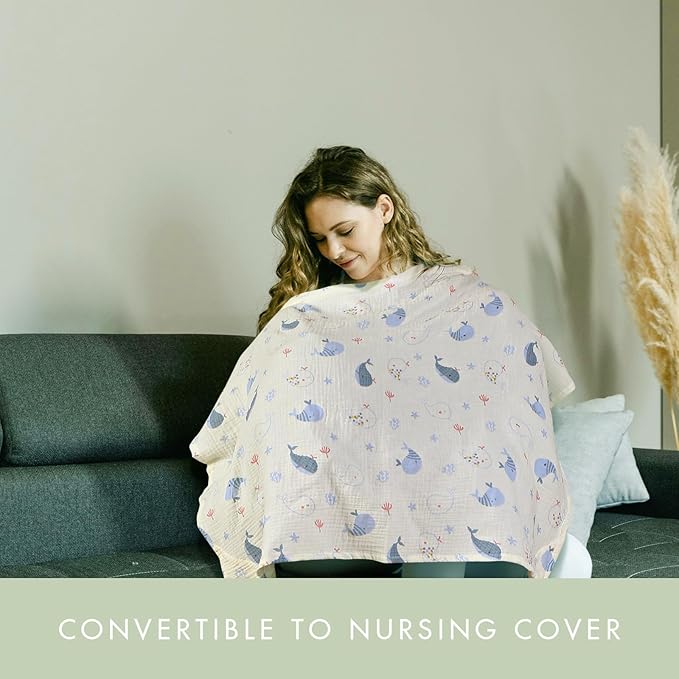 ANYEDDE 2-Pack Nursing Cover for Baby Breastfeeding - Muslin Breastfeeding Covers for Women Nursing, Breathable, Soft Arch Neckline, Green & Whale