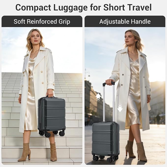 Kono 15'' Underseat Carry On Luggage Airline Approved, Anti-Scratch PC+ABS Hardshell Carry on Suitcase with Smooth Spinner Wheel, Lightweight Overnight Carry on for Short Travel, Grey