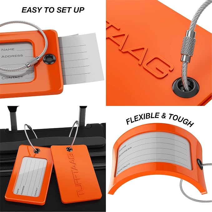Luggage Tags Business Card Holder by TUFFTAAG - Flexible PVC Travel ID Bag Tag, Orange, 2 Pack