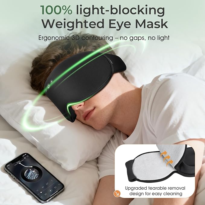 Weighted Bluetooth Sleep Mask with Removable Hot & Cold Gel Insert, 3D Blackout Eye Mask, Adjustable Speaker Placement, Passive Sound Masking, 15H Playback for Sleep, Travel & Relaxation