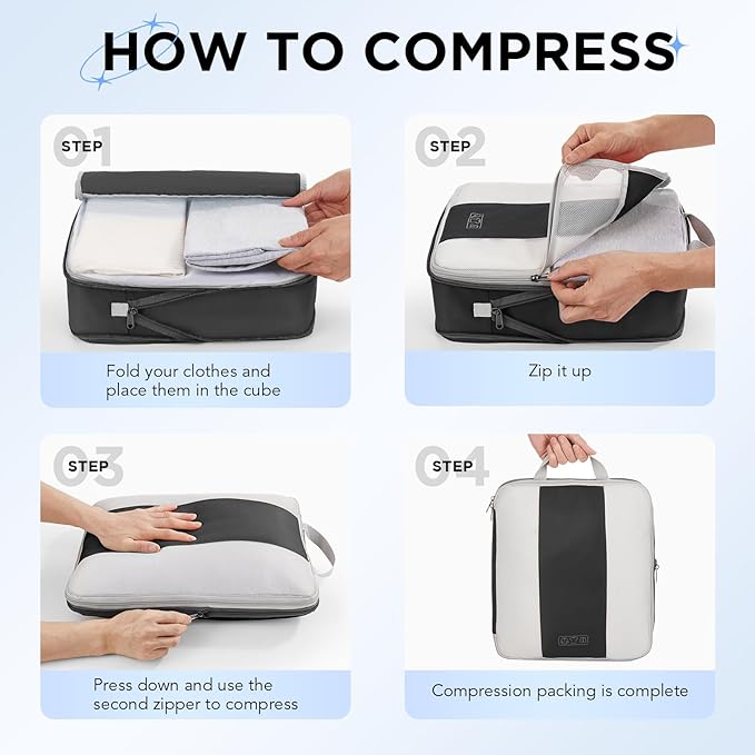6 Set Compression Packing Cubes for Travel Essentials,Compressible Expandable Packing Cubes for Suitcase,OlarHike Luggage Garment Bags for Travel,Handy Helper for Organizing Clothes(Black)