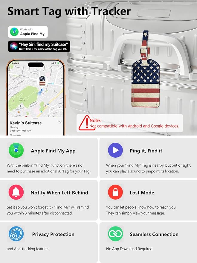 Luggage Tag Built-in Anti-Loss Tracker & Luxury Leather(US Flag) | for Suitcase, Travel Bags, Backpacks, Travel Organizer for Lost Baggage Prevention