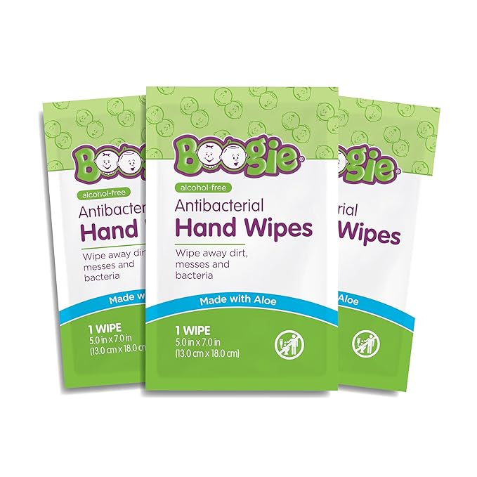 Boogie Antibacterial Hand Wipes - 30 Count - Hypoallergenic & Alcohol-Free - Individually Wrapped - Travel and Diaper Bag Essential