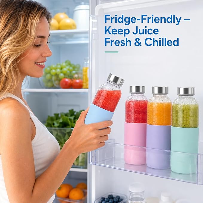 Luxfuel 16 oz Glass Juice Bottles with Lids & Silicone Sleeves, 4 Pack Reusable Glass Water Bottles with Stainless Steel Cap for Juicing, Smoothies & Refrigerator, Leak-Proof,BPA-Free Juice Containers