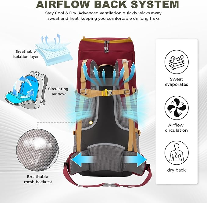 Bseash 65L Waterproof Hiking Camping Backpack with Rain Cover, Outdoor Sport Travel Daypack for Climbing Touring (Wine Red)