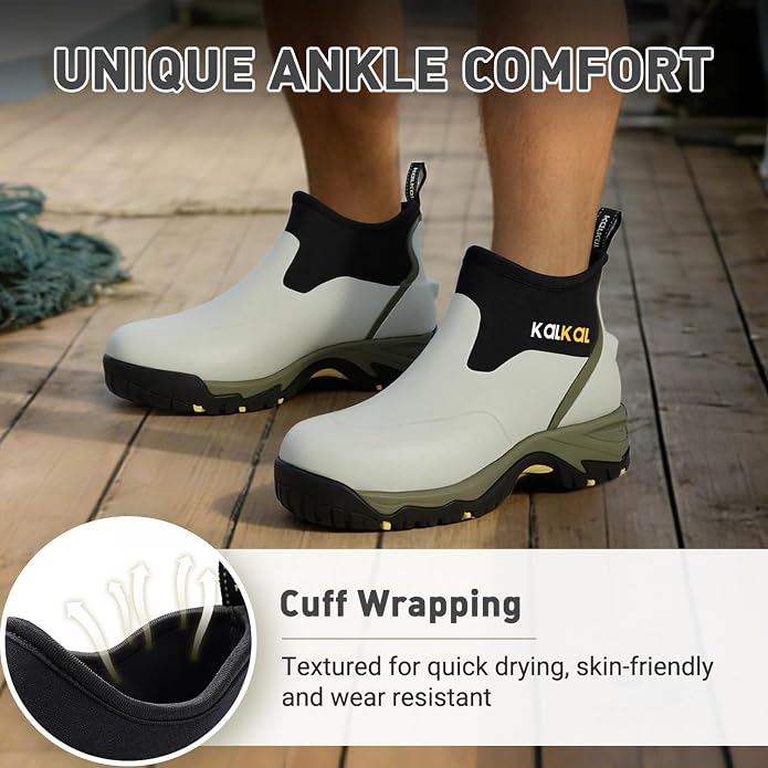 Kalkal Men's Rubber Boots, Waterproof Ankle Rain Boots, Insulated Working Booties with Comfortable Sports Sole, Outdoor Mud Boots for Yard Chore