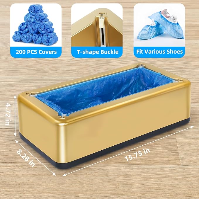 Shoe Covers Dispenser with 200pcs Disposable Shoe Covers Non Slip, Automatic Shoe Cover Machine,Fits Size Up to 11 US Men, for Home, Office, Factory, Supermarket, Gold