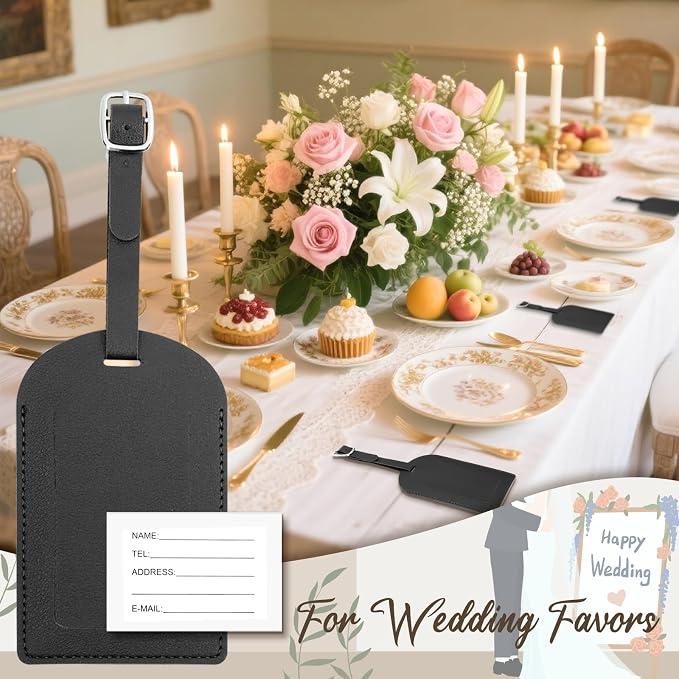 48 Pack Leather Luggage Tags PU Leather with Name ID Card Wedding Favors for Guests Bridal Shower Gifts (Black)