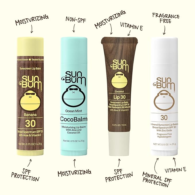 NEW Sun Bum SPF 30 Sunscreen Tropical Lip Balm 3 Pack - Pomegranate, Kiwi, Coconut - Moisturizing Aloe Vera and Vitamin E - Vegan and Cruelty Free - UVA/UVB Lip Protection - 0.15 oz, 3 count