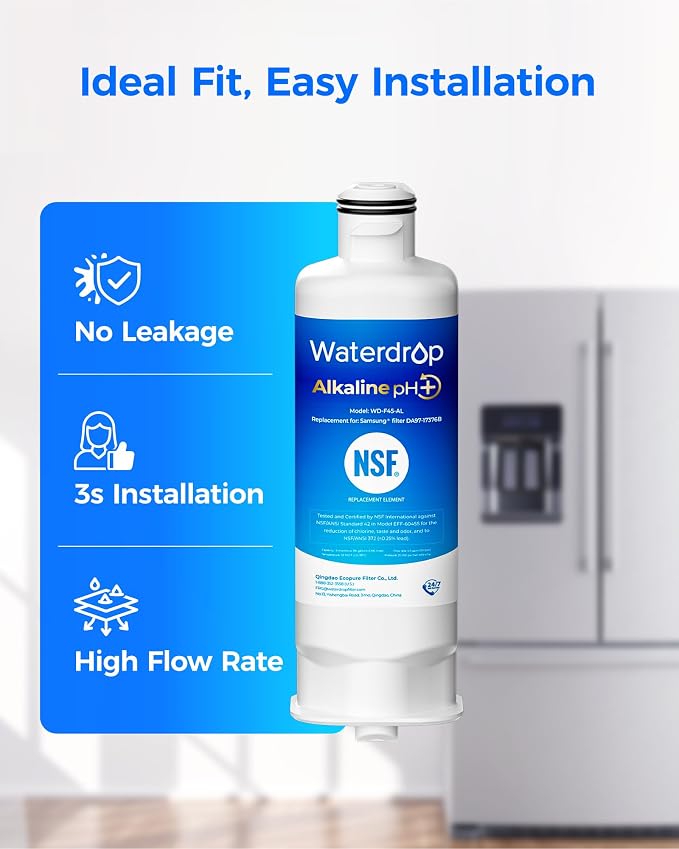 Waterdrop Alkaline WD-F45-AL Refrigerator Water Filter, Enhances pH, Replacement for Samsung® DA97-17376B, HAF-QIN/EXP, DA97-08006C, RF28R7201SR, RF28R7351SG, 3 Pack
