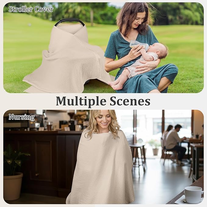 Muslin Nursing Cover Up for Breastfeeding, Soft & Breathable Cotton Breast Feeding Cover for Women, Full Privacy Breastfeeding Cover - Newborn Baby Essential, Light Brown