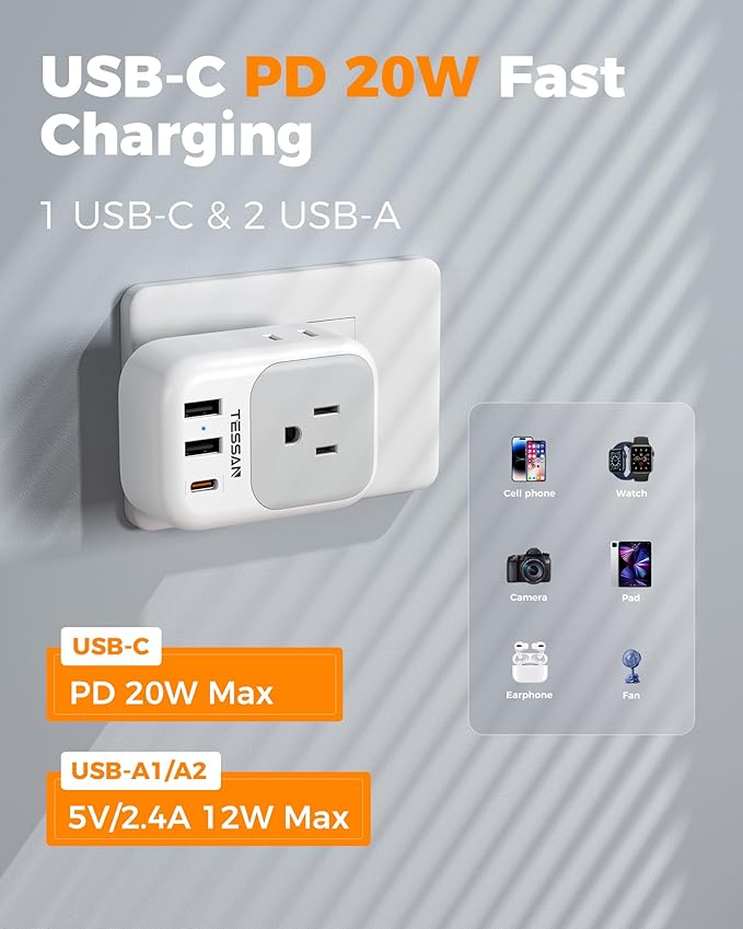 TESSAN Italy Travel Plug Adapter 2 Pack, Italy Power Adaptor with 4 Outlets 3 USB Charger(1 USB C PD 20W), Type L Adapter for US to Chile Libya Syria Tunisia Uruguay