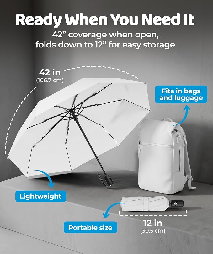 Rain-Mate Windproof Compact Umbrellas for Rain - Strong Reinforced Fiberglass Rib Design & Auto Open & Close - Portable Folding Travel Umbrella - Lightweight & Packable for Women & Men, Easy Collapse