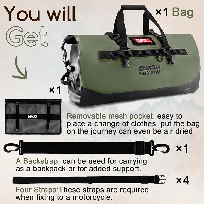 OSAH DRYPAK Waterproof Duffel Bag 25L/40L/60L – Heavy-Duty Motorcycle Tail Bag, Roll-Top Dry Bag for Travel, Camping, Boating, Kayaking, Outdoor Adventure