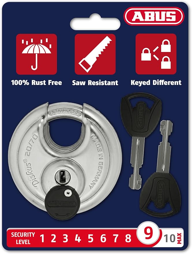 ABUS - Diskus 20/70 Padlock with Key (2.75") 70mm - Heavy Duty Stainless Steel - Cut, Rust & Drill Resistant - Storage & Outdoor - Pad Lock with 2 Keys (Keyed Different) - Commercial & Home Security