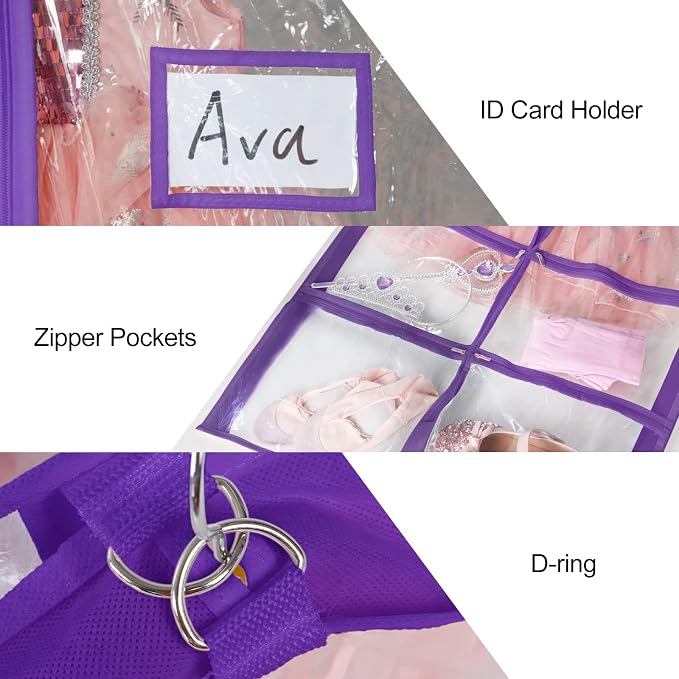 Univivi Clear Purple PVC Dance Costume Bags Garment Bag 40 Inch for Dance Competitions, with 4 Medium Clear Zipper Pockets and 1 Large Back Zippered Pocket [Upgraded Version] (40'' x 24'' 6 Pack)