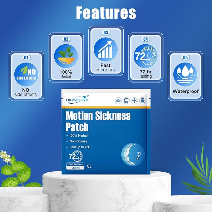 Hionfurt 64ct Motion Sickness Patches – Sea Sickness Patches for Cruise, Car, Airplane, and Other Travel – Non-Drowsy, Effective, Lasts 72 Hours
