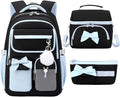Girls School Backpack with Lunch Box Pencil Case Set, Cute Middle School Bag Teen Girls Backpack Bookbag for Kids, 3pcs Black Blue