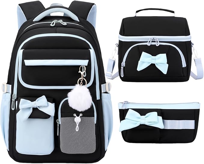 Girls School Backpack with Lunch Box Pencil Case Set, Cute Middle School Bag Teen Girls Backpack Bookbag for Kids, 3pcs Black Blue