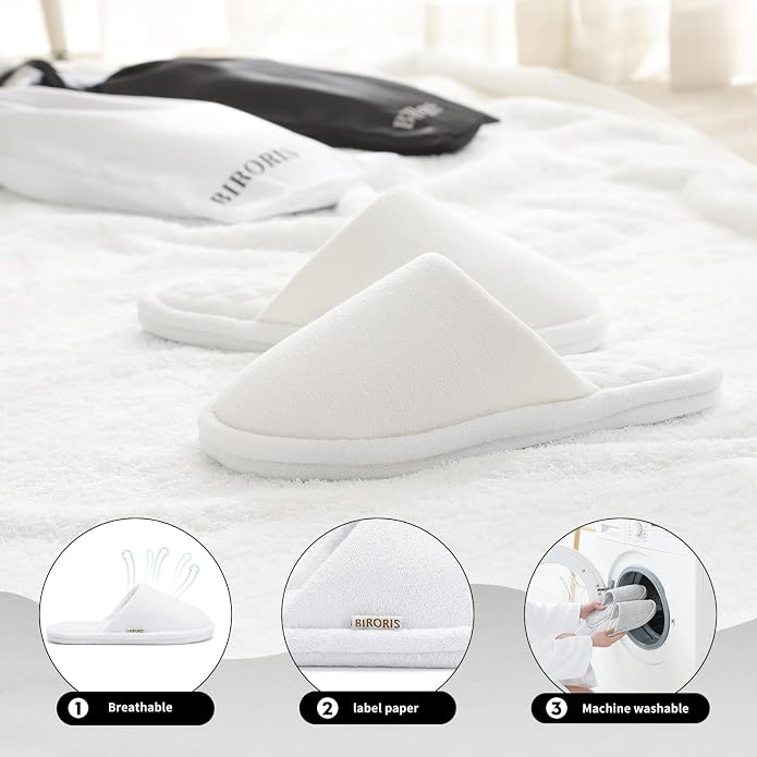 3 Pairs Closed-Toe Cotton Terry House Slippers, Comfortable Washable Indoor Slippers for Women, Portable Foldable for Guest, Travel, Hotel and Spa