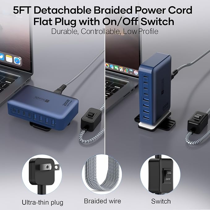 8-Port iPhone Charger Fast Charging 200W with Flat Plug, Braided Power Cord, and On/Off Switch- USB Charging Hub for iPhone, iPad, MacBook and More- 65W C Port Power Adapter for Laptops