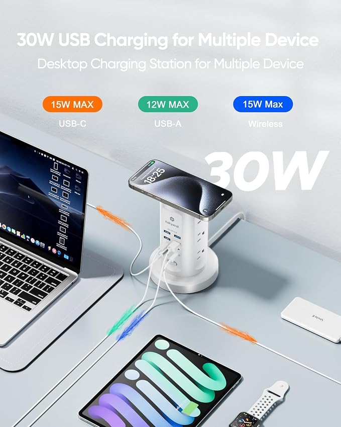 Kakyanill 30W USB Charging Station, Power Strip Tower, 9 AC Outlets with 8 USB Ports(4 USB-C), 6Ft Flat Plug Retractable Extension Cord, for Home Office Dorm, White