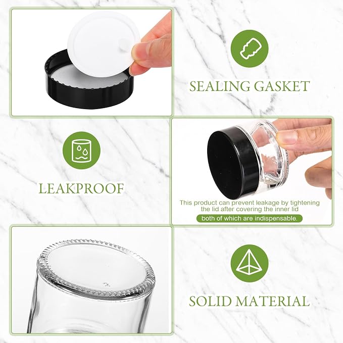 Domensi 100 Pcs 1oz Glass Jars with Lids Bulk Small Glass Salve Tins Cream Container Cosmetic Jars for Travel Balm with Inner Liners for Sample Cream (Clear,Black Lid,Plastic Lid)