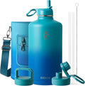 Coolflask 128 oz Gallon Water Bottle Insulated with Straw&3 Lids, Water Jug Large Stainless Steel Metal Vacuum Wide Mouth for Sports, Gym or Office, Non-BPA Keep Cold 48H Hot 24H, Indigo Blue