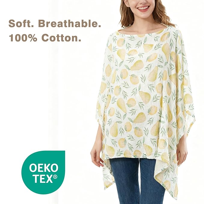 Muslin Nursing Cover for Breastfeeding – 360° Full Privacy & Comfort, Soft Breathable Cotton, Multi-Use Cover for Baby Car Seat & Stroller, Gift Box Included (Lemon-Pear Blossom)