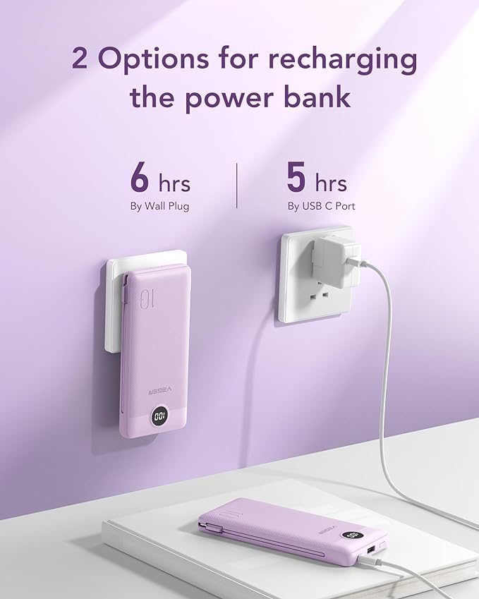 VEGER Portable Charger Power Bank with Built-in AC Plug and Cables, All in One 10000mAh Ultra Slim Travel Essentials, Fast Charging Battery Pack Compatible with iPhone, Samsung, Android, Purple