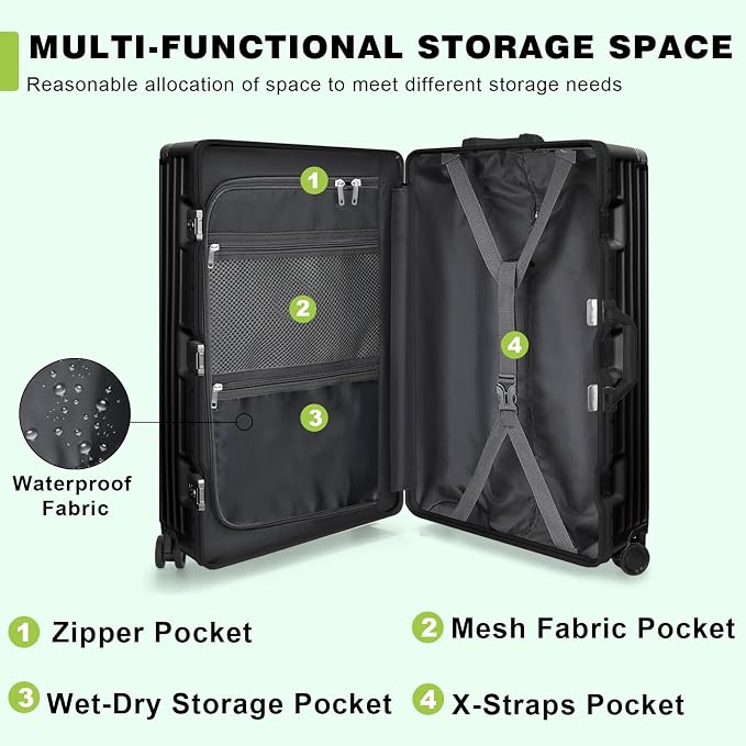 AnyZip Luggage PC+ABS Aluminum Frame Zipperless Checked Luggage Hard Shell Suitcase with TSA Lock Double Spinner Wheels 28 Inch Black