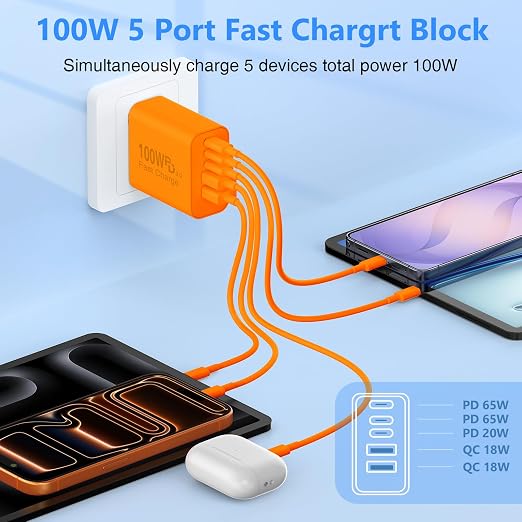 QZIIW USB C Wall Fast Charger Block, 100W 5-Port Type C Fast Charging Block 3 Pack-PD Power Charger Adapter QC 3.0 USB Multiport Charger Brick for iPhone 17 16, Samsung Series MacBook/Air, iPad, etc.
