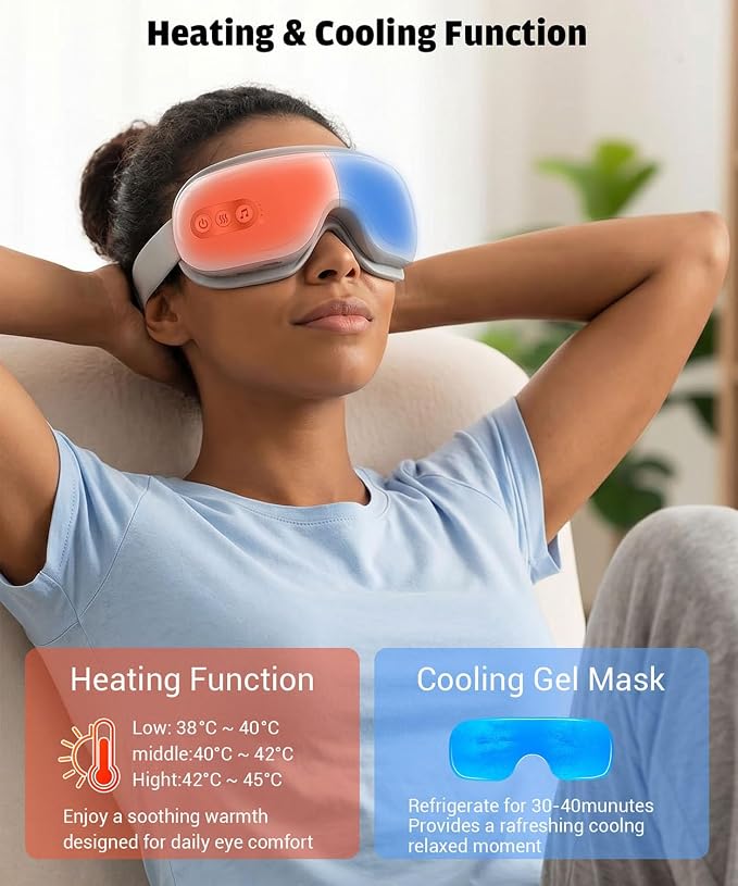 Eye Massager with Heat and Cooling, Heated Eye Mask for Dry Eyes & Sleep, Cooling Gel Mask for Puffiness, Bluetooth Music 5 Modes Cordless Foldable, Relax Gift for Women Men