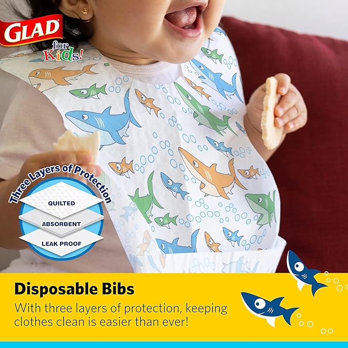 Glad for Kids Shark Disposable Paper Bibs with Crumb Catcher Pocket, Absorbent Leakproof Design, 30 Count, 24 Pack