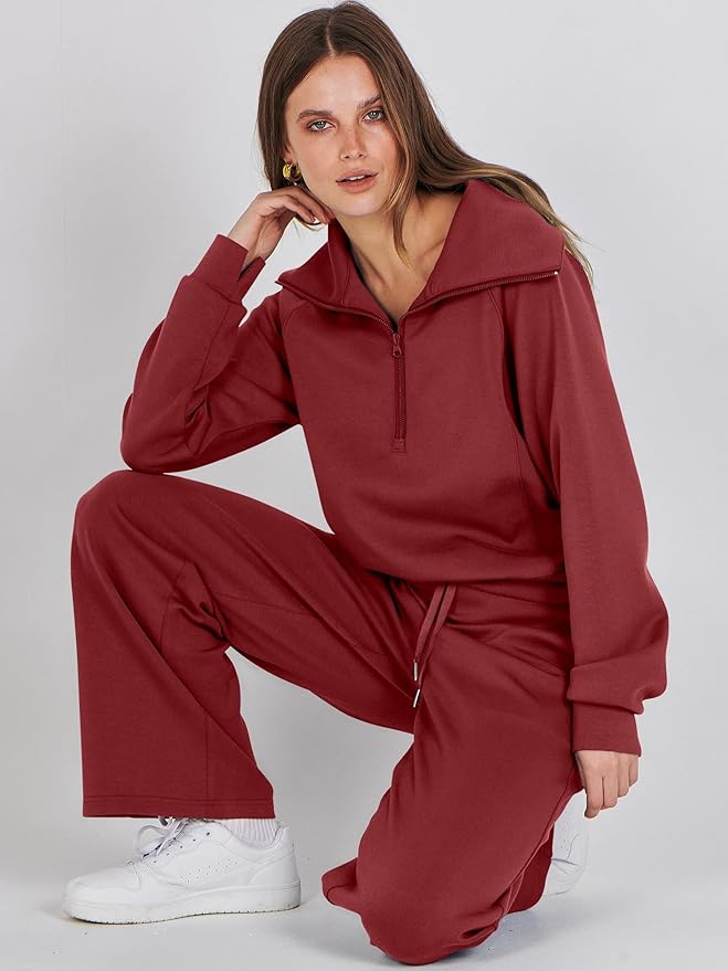 ANRABESS Women’s 2 Piece Outfits Half Zip Sweatshirt & Wide Leg Pants Airport Travel Lounge Matching Sets Sweatsuits Clothing