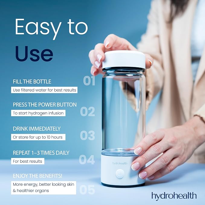 Hydrohealth Hydrogen Water Bottle for Kidney, Liver, Heart & Gut Health | 1600PPB with Advanced SPE/PEM Technology Filter | Rechargeable & Portable | Increase Energy, Strength & Metabolism - Pack of 1