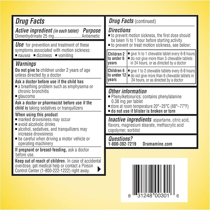Dramamine Motion Sickness Relief for Kids, Children’s Chewable Tablets, Grape Flavor, Prevents Nausea Dizziness Vomiting, Travel Case Included, Fast Acting, 8 Count (Pack of 2)