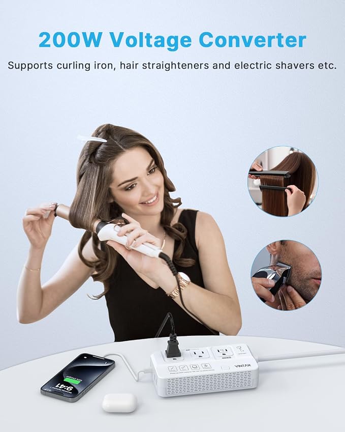 VINTAR 2000W 220V to 110V Converter for Hair Dryers, Universal Travel Adapter Voltage Converter US to Europe with 4 USB Ports(2 USB C), International Step Down Transformer for EU UK JP AU India SA