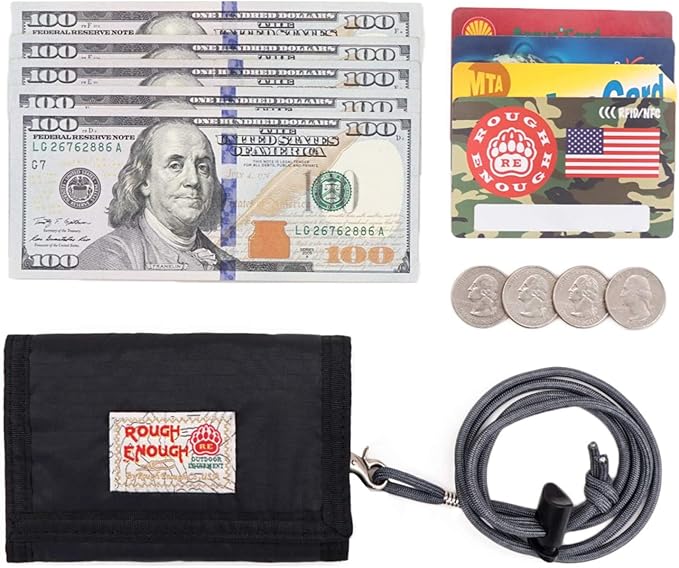 Rough Enough Kids Wallet for Boys Teens with Neck Lanyard Keychain Zipper Coin Pocket Card Holder Black Soft Nylon