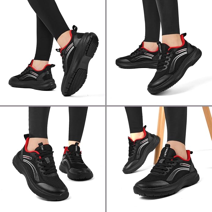 Treesky Black Non Slip Work Shoes for Women, Restaurant & Kitchen Sneakers | Slip resistant soles, lightweight cushioning, breathable knit, removable insole, for nursing, food service & long shifts